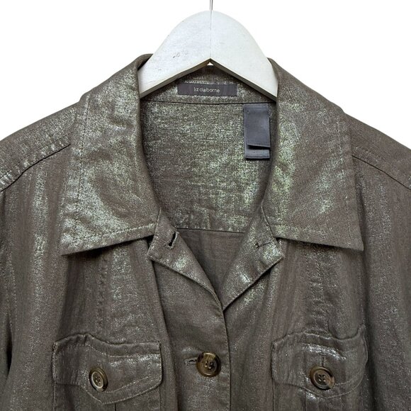 Liz Claiborne Safari Jacket Plus Size 2X 100% Linen Shimmer Brown Utility - Picture 4 of 10